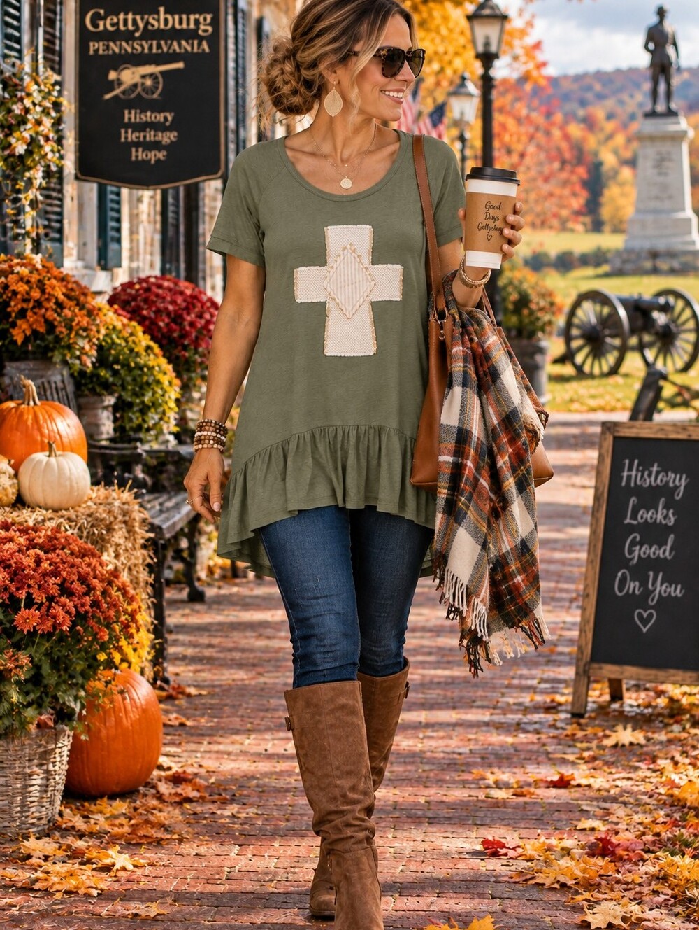 Lost Petal Linens Olive Green Cross Appliqué Ruffle Tunic Top S/M Made USA